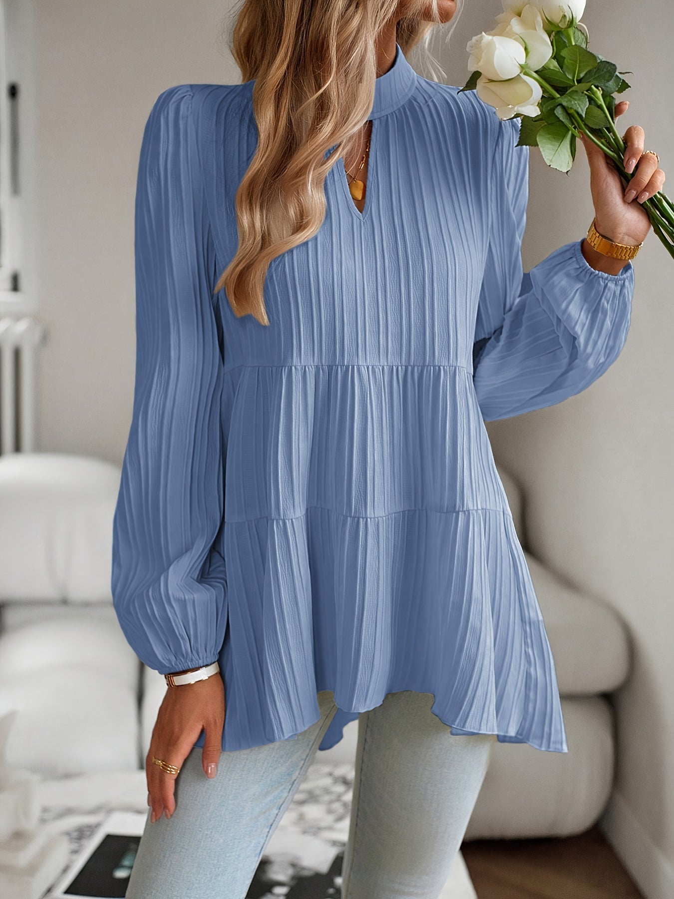 ZAFUL Women's Elegant Ribbed Shirt - Loose Fit Long Sleeve Oversized Blouse, Solid Color Round Neck Tunic Top, Machine Washable Loose Layers for Spring/Autumn & Year-Round Wear (Non-)