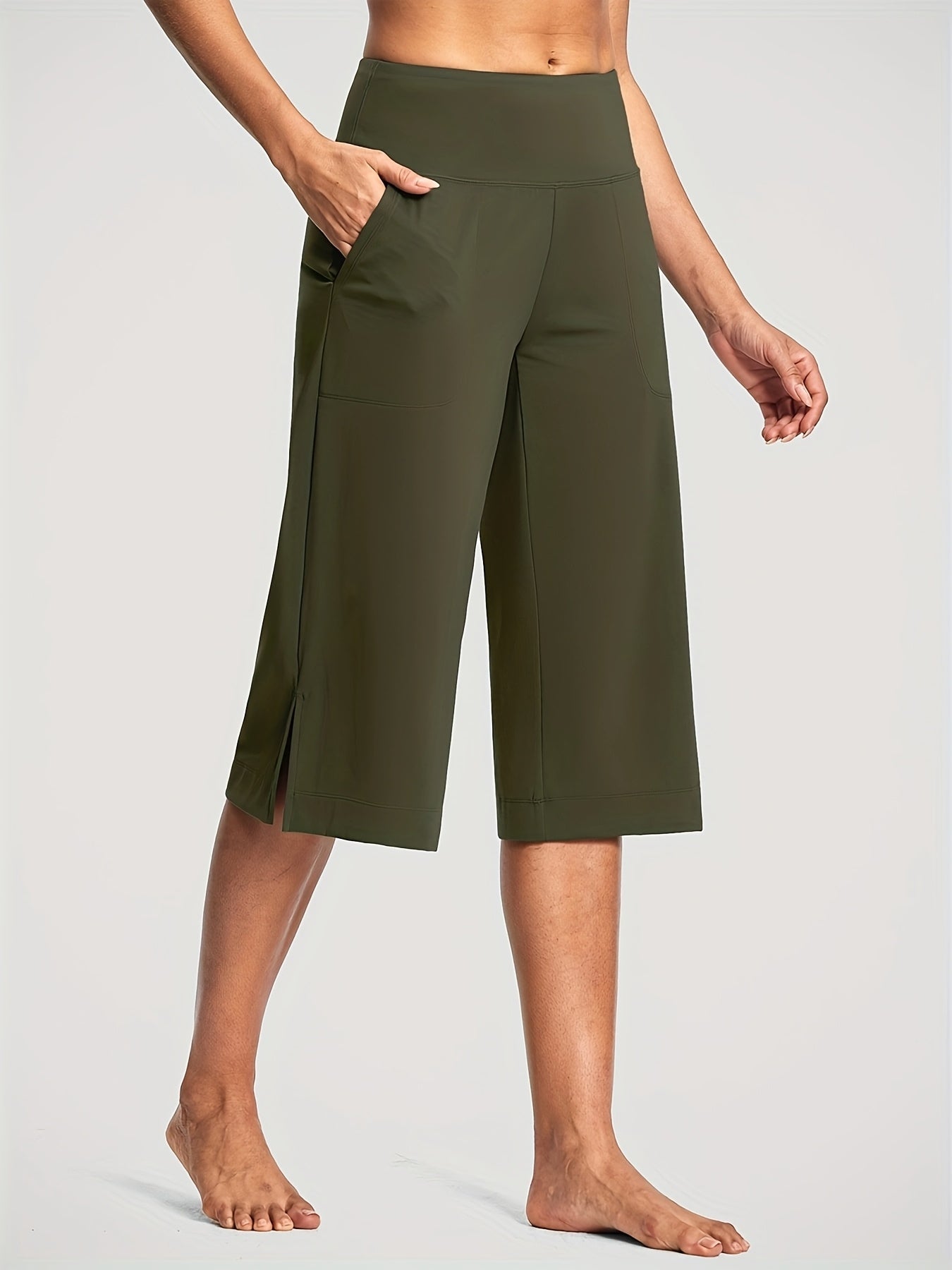 18'' Women's High-Waisted Wide Leg Yoga Capri Pants with Elastic Waist - Loose Comfortable Stretchable Soft Pants Suitable for Yoga, Workout, Casual & for Business Occasions - Spring Summer Fall Wearable with Practical Pockets (No Needed)