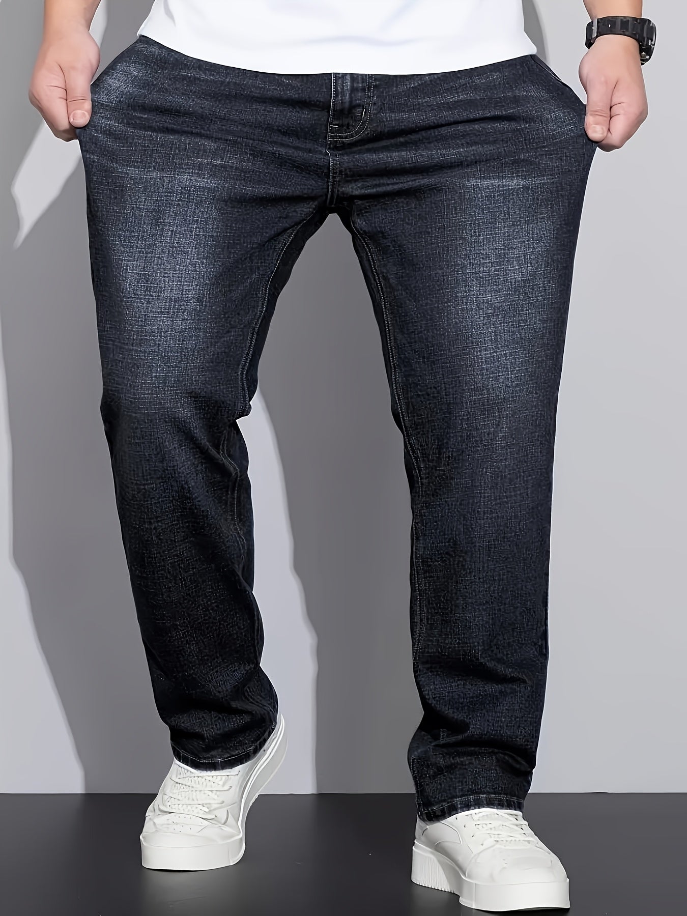 [HME] Men'S Easy And Casual Denim Trousers, Classic Five-Pocket Style, Retro Washed Craftsmanship, Mid-Waist Elastic Straight-Leg Pants, Built-In YKK Zipper Closure, Essential Men'S Plus-Size Jeans for Fashionable And Casual Outfits, Plus Size