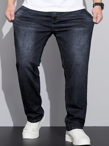 [HME] Men'S Easy And Casual Denim Trousers, Classic Five-Pocket Style, Retro Washed Craftsmanship, Mid-Waist Elastic Straight-Leg Pants, Built-In YKK Zipper Closure, Essential Men'S Plus-Size Jeans for Fashionable And Casual Outfits, Plus Size