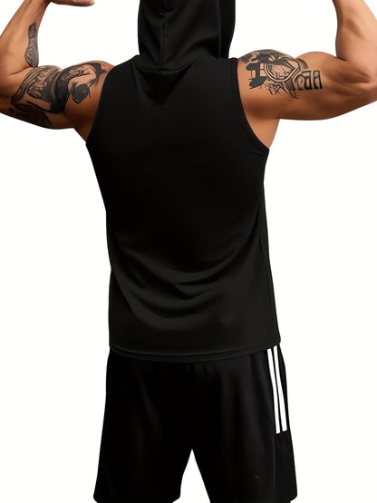 Plus Size Men'S Hooded Tank Top Summer, Beas Print Design, Sleeveless, Hooded, Gym, Casual, Fashionable, Breathable, Polyester Fabric, Workout Apparel