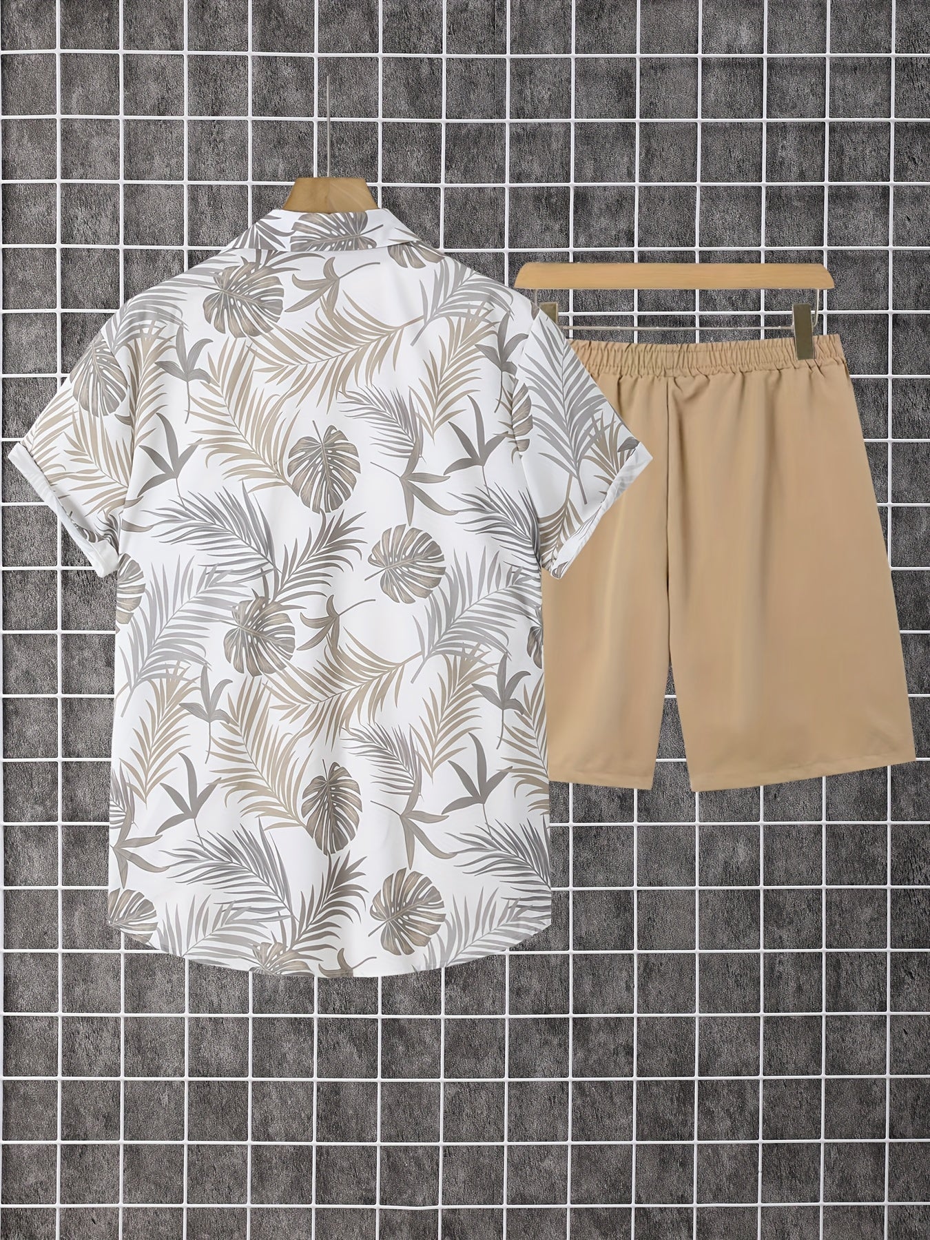 Men'S Short Sleeve Button-Up Shirt And Shorts Set with Leaf Design, Ideal for Summer Outdoor Fun