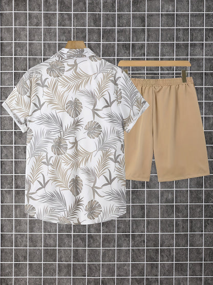 Men'S Short Sleeve Button-Up Shirt And Shorts Set with Leaf Design, Ideal for Summer Outdoor Fun