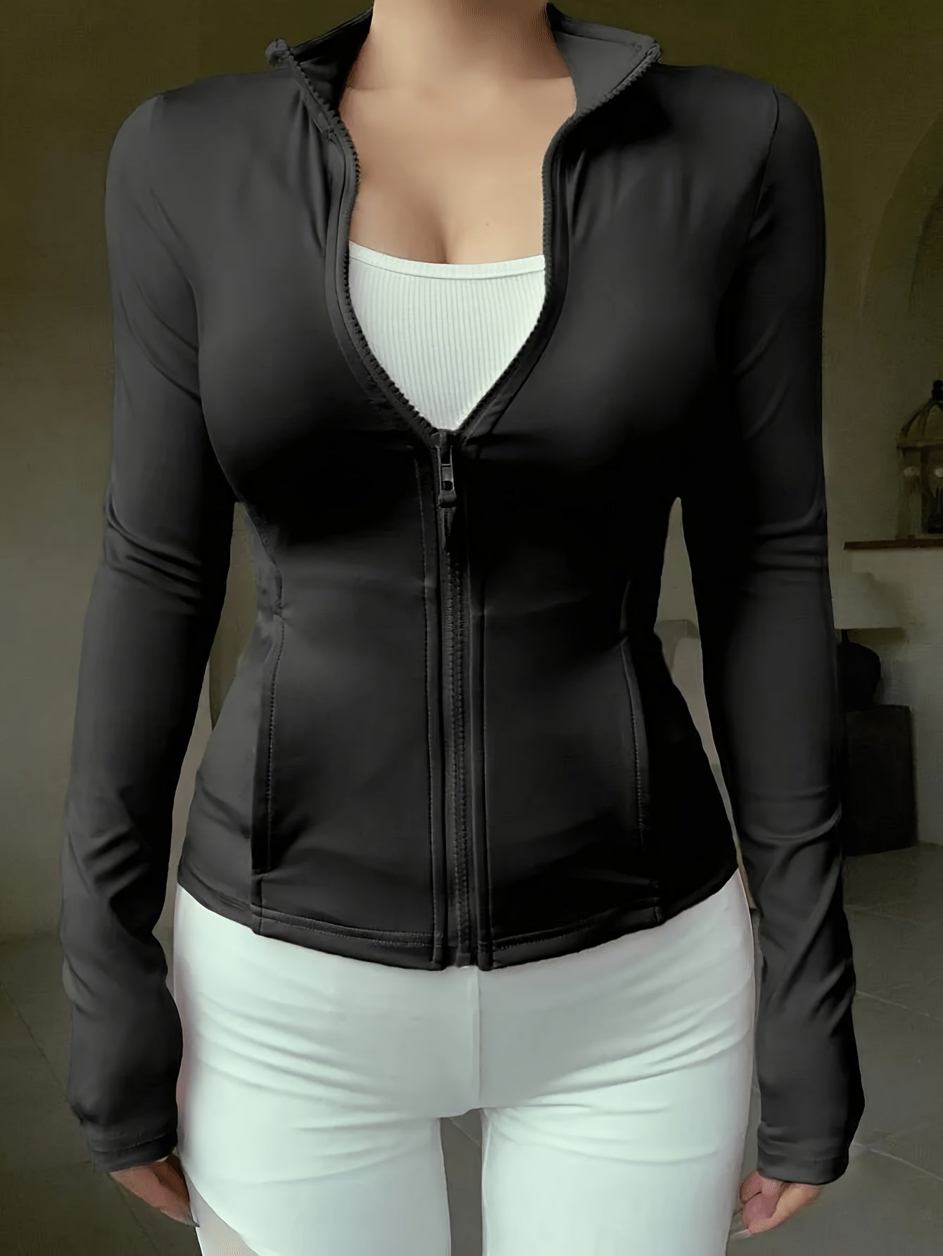 Women'S Athletic Stand Collar Zip-Up Long Sleeve Slim Jacket Waist-Cinching Fitness Casual Sport Top