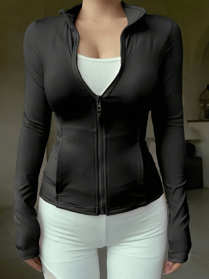 Women'S Athletic Stand Collar Zip-Up Long Sleeve Slim Jacket Waist-Cinching Fitness Casual Sport Top