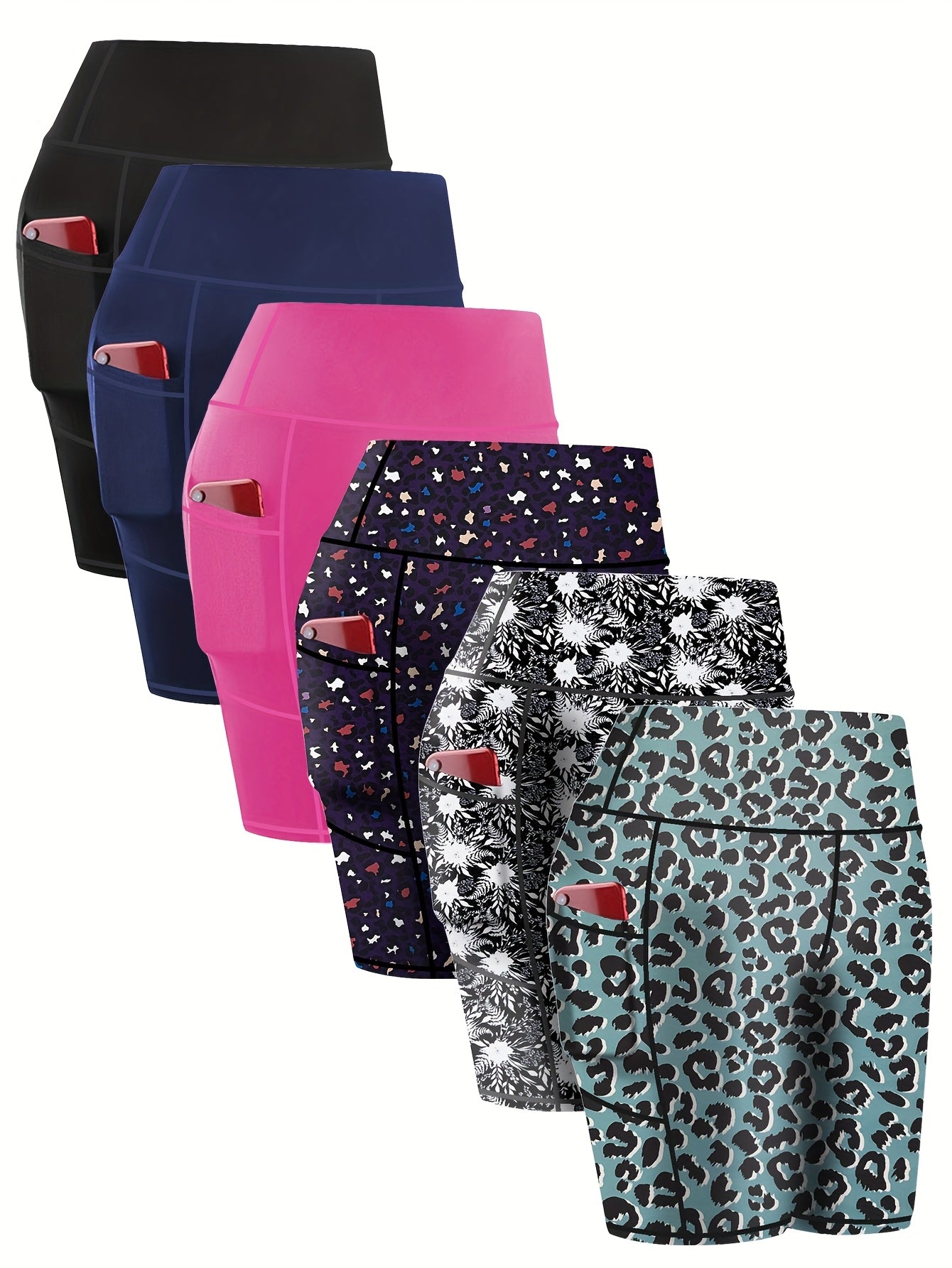 6-pack Large Size Sport Shorts For Women, Fashionable Casual Shorts, High-waist High-stretch Yoga Shorts, 5-inch Shorts With Phone Pocket