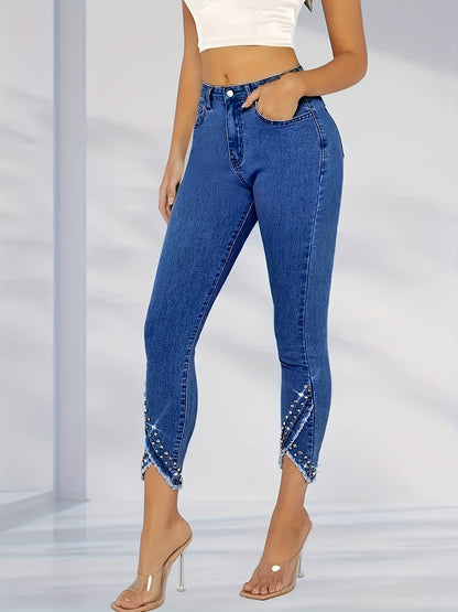 Women'S Trendy High-Waisted Straight-Leg Trousers Featuring Rhinestone Leggings And Fitted Jeans