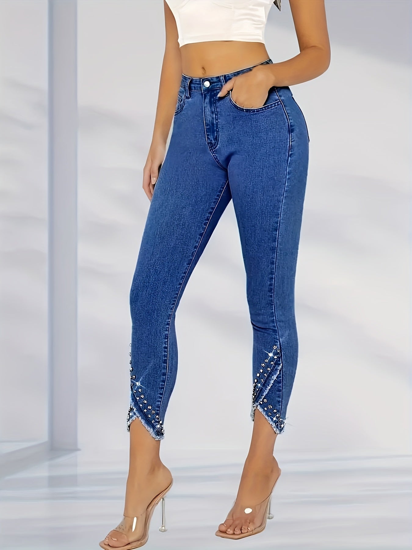 Women'S Trendy High-Waisted Straight-Leg Trousers Featuring Rhinestone Leggings And Fitted Jeans