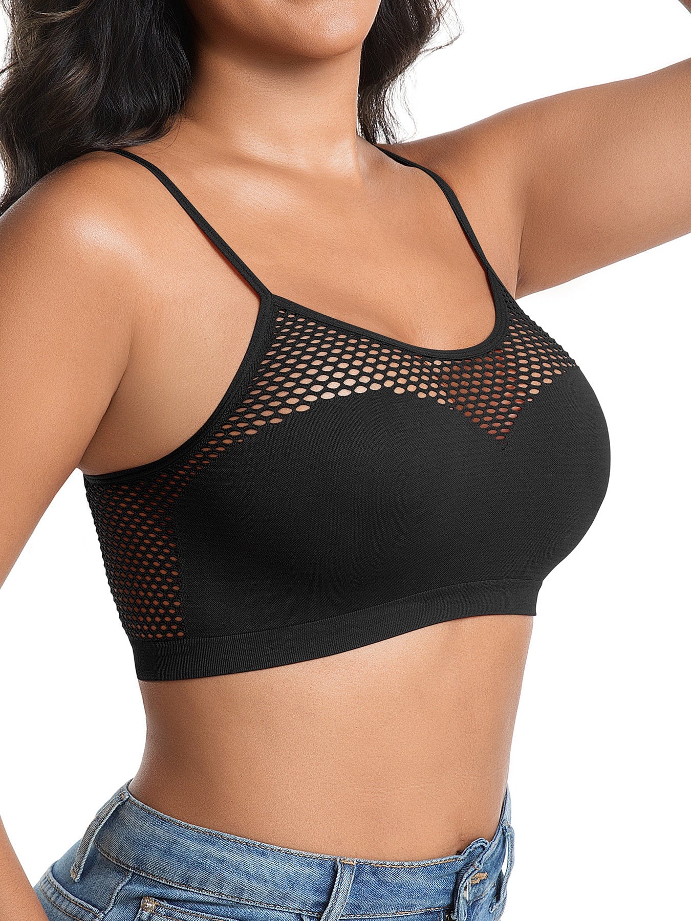 Set of 5 Colorful Women'S Casual Sports Bras, Designed Without Wires Or Padding for Daily Use, Showcasing an Alluring Fishnet Pattern That Accentuates The Bust, a Lovely Back, And Adjustable Straps