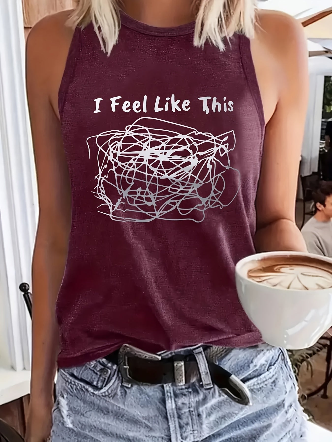 [Fun Cartoon Vest] I Feel Like This Scribble Women's Regular Vacation Vest - Fun Cartoon Letter Pattern Print, Round Neck Casual - Machine Washable, Fashionable and Versatile Women's Clothing