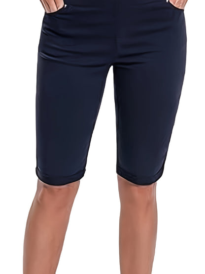 Women's Stretchy Pull On Bermuda Shorts High Waist Office to Vacation Pants, Non See Through Fabric, Machine Washable with 5 Pockets & Cuffed Hem for Everyday, Formal Events Elegant Casual All Season Shorts