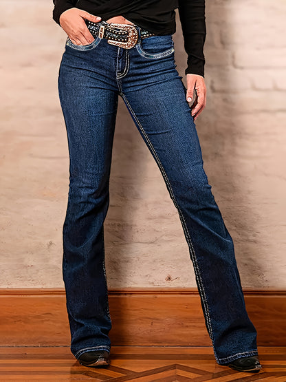Women'S Classic Five-Pocket Design Mid-Rise Stretch Denim Jeans with Cross Embroidery - High Elasticity Regular Fit Casual Pants for Home, Travel & Shopping, All-Season Versatile Style, Travel Casual Wear, Stylish Cross Embroidery, Comfortable Fit
