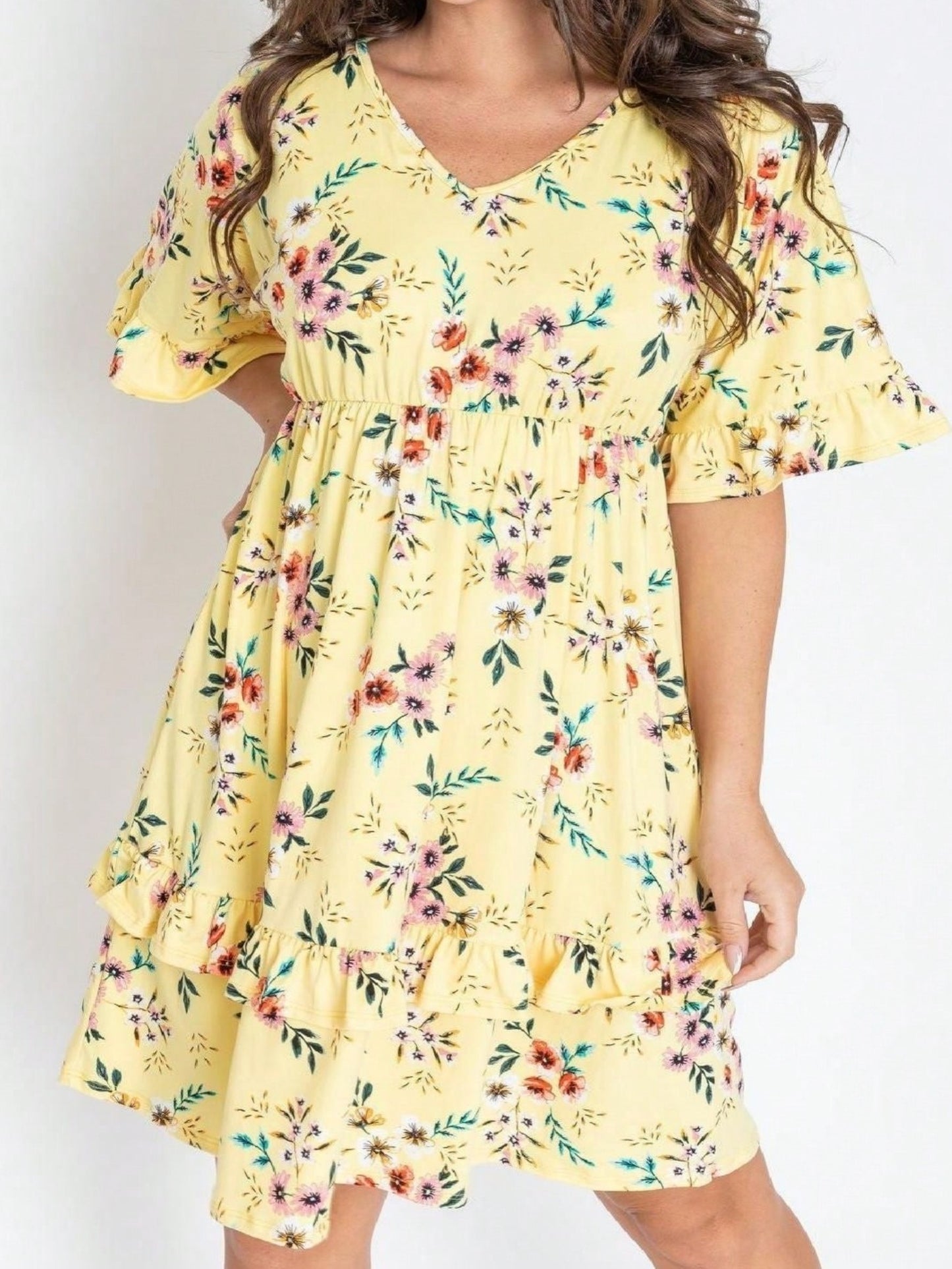Vintage Boho Navy Pink Yellow White Charcoal Floral Ruffle flutter Trim Midi Dress S-3X