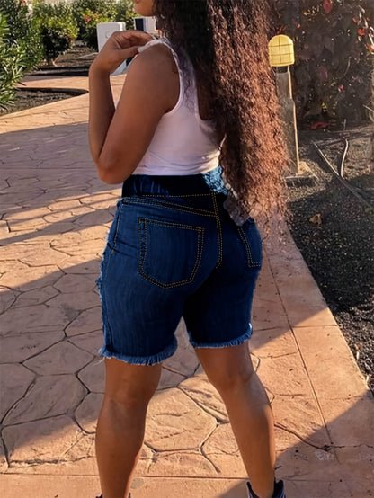 Ladies' Fashionable Ripped Denim Shorts, Mid Waist Straight Leg Pants, Waist Drawstring Design, Frayed Edges with Pockets, Summer Casual Wear