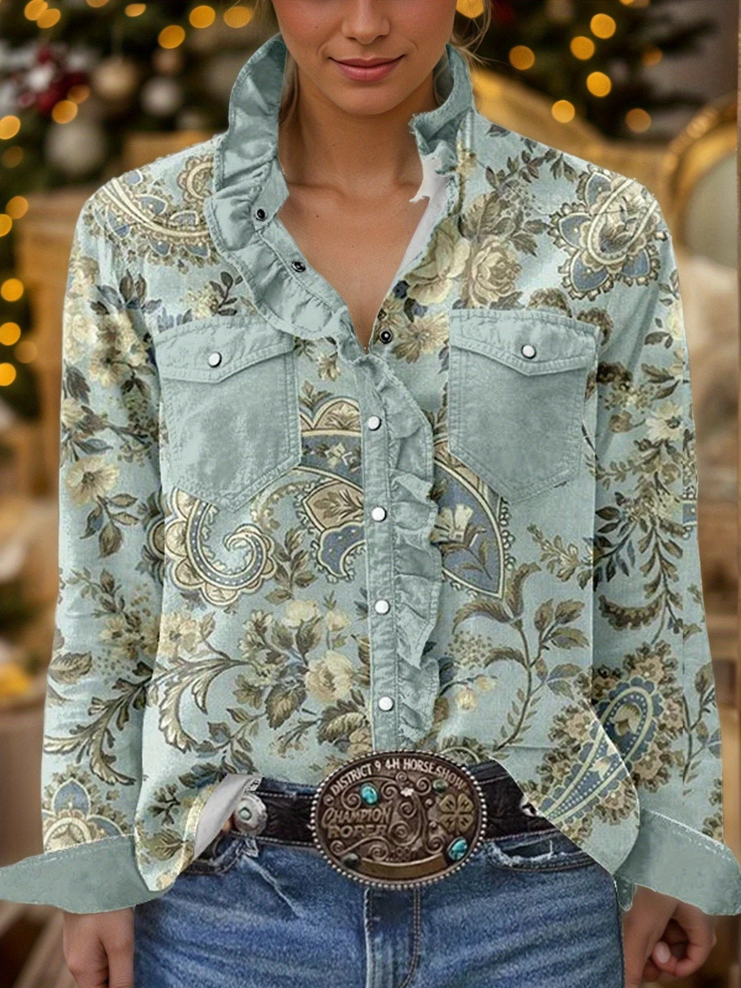 Women's Vintage Paley Pattern Long Sleeve Shirt - Paneled Ruffle Collar Shirt