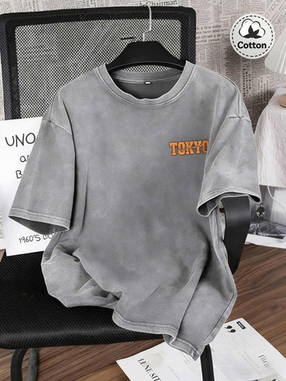 Spring And Summer Racing Pattern Men'S T-Shirt Top, Micro Elastic Fit, Washed with Water to Make Old, Breathable Black Round Neck Short Sleeved T-Shirt, Daily Casual Street T-Shirt Top