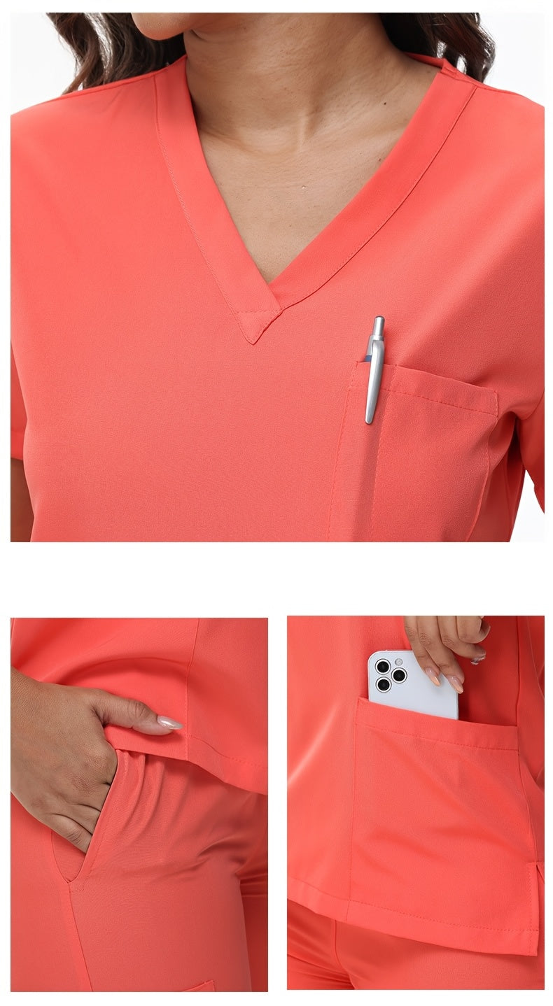 [Breathable Scrubs Set] Scrubs Top And Pants Unisex Breathable Quick Drying Scrubs Uniform Women And Man Scrubs Set V-Neck Top T-Shirt And Tapered Leg Jogger With Drawstring Nursing Uniforms Set Suitable For Pet Hospitals, Dental Clinics, Nursing Work, Et