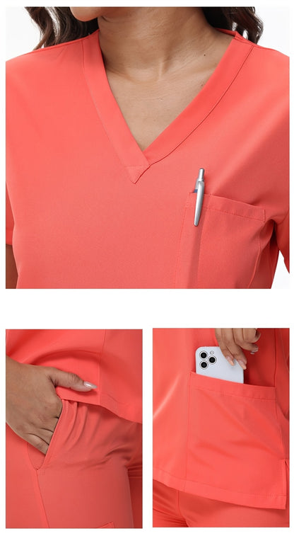 [Breathable Scrubs Set] Scrubs Top And Pants Unisex Breathable Quick Drying Scrubs Uniform Women And Man Scrubs Set V-Neck Top T-Shirt And Tapered Leg Jogger With Drawstring Nursing Uniforms Set Suitable For Pet Hospitals, Dental Clinics, Nursing Work, Et