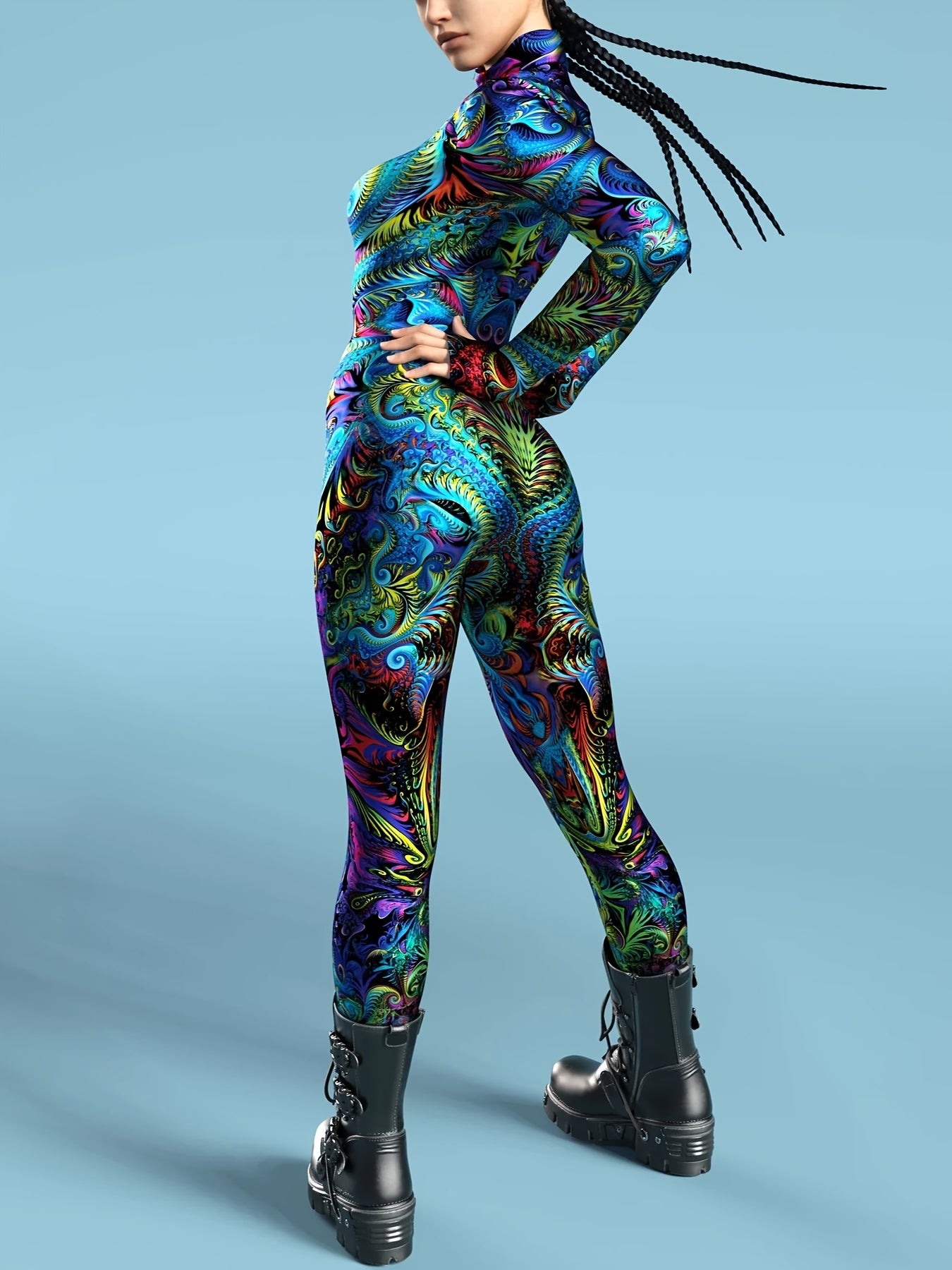 Stretchy Spandex Psychedelic Fractal Print Bodysuit for Women - High-Neck, Long Sleeve, Costume for Halloween & Cosplay Parties