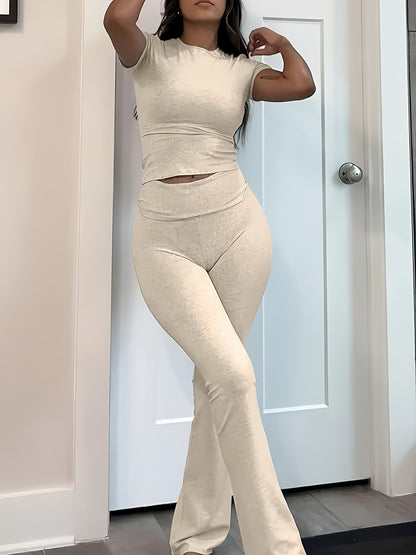 Leisure Women'S Two-Piece Round Neck T-Shirt And Low-Waisted Flared Pants Set Streetwear