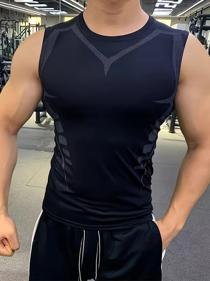 5pcs Men's Compression Workout Vest: Classic Black Style. Quick-drying and breathable + moisture-wicking. High elasticity printed design. Sleeveless and form-fitting style. Suitable for running, cycling, outdoor training and fitness. Specialized