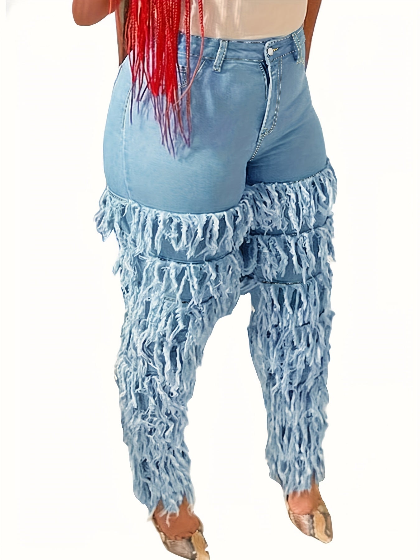 Plus Size Women's High Waist Stretchy Skinny Jeans - Solid Blue Denim, Leg Paneled with Fringe Layers & Frayed Edges, Retro Casual Fashion, Versatile for Parties & All-Season Outings