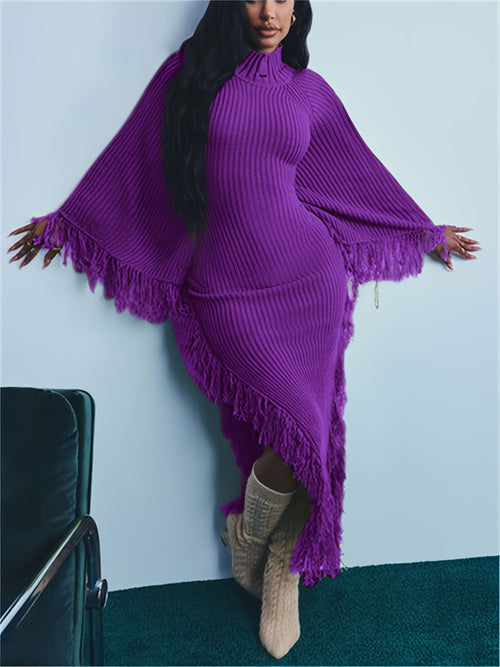 Gifts for Her, Fringe Trim Sweater Dress for Women, Batwing Long Sleeve High Neck Maxi Dress with Asymmetrical Hem, Sexy And Chic Style, for Fall Winter
