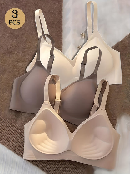 3pcs Women'S Wireless Push-Up Bra - No Underwire, Soft Lift Design with Adjustable Straps & Non-Removable Padding, Nude Tones for Daily & Special Events, Elegant Everyday & Formal Bras for Small Busts, Comfortable Fit