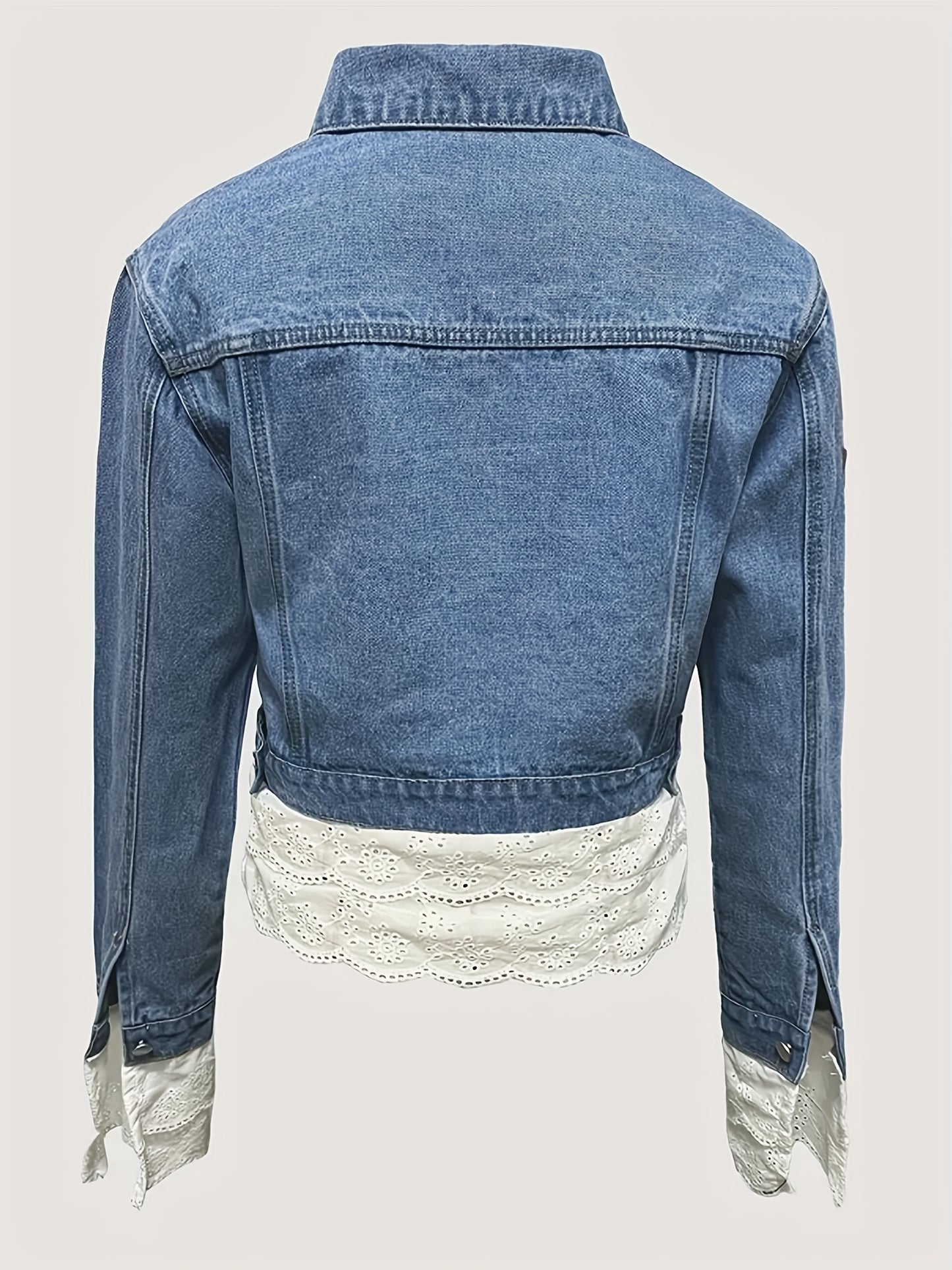 Plus Size Women's Casual Short Denim Jacket with Lace Trim - Machine Washable Spring/Fall Layering Piece, Contrast Lace Edging & Classic Denim Design for Everyday Outfits, Casual Wear Jacket | Plus Size Fashion | Stylish Contrasts