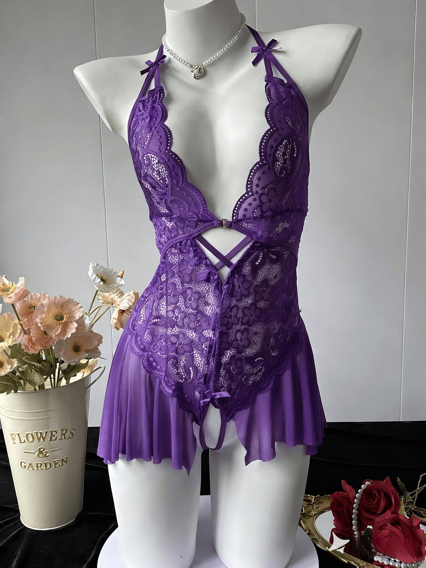 Sexy Women's Backless Bodysuit, Red Lace with Contrast Cut-Out Neckline, Unlined Full Coverage Jumpsuit, Adjustable Design Adult Lingerie