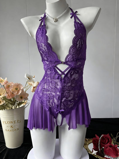 Sexy Women's Backless Bodysuit, Red Lace with Contrast Cut-Out Neckline, Unlined Full Coverage Jumpsuit, Adjustable Design Adult Lingerie