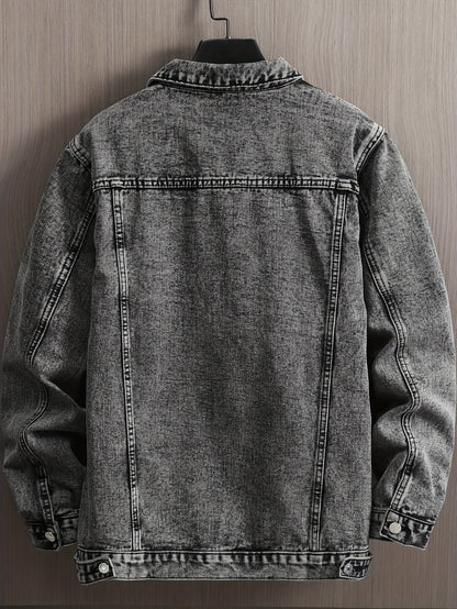 Men's Casual Thick Denim Jacket | Non-Stretch Fabric, Single Breasted, Regular Fit, Long Sleeve, Button Closure, Solid Color with Pockets