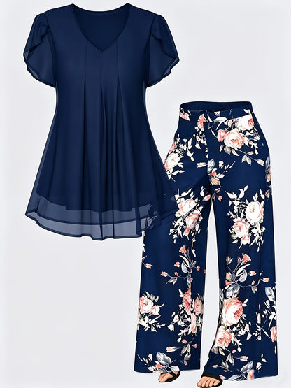 Plus Size - New Women'S Solid Color Top And Printed Pants Chiffon Fashion Style Set Top And Pants Two Piece Set