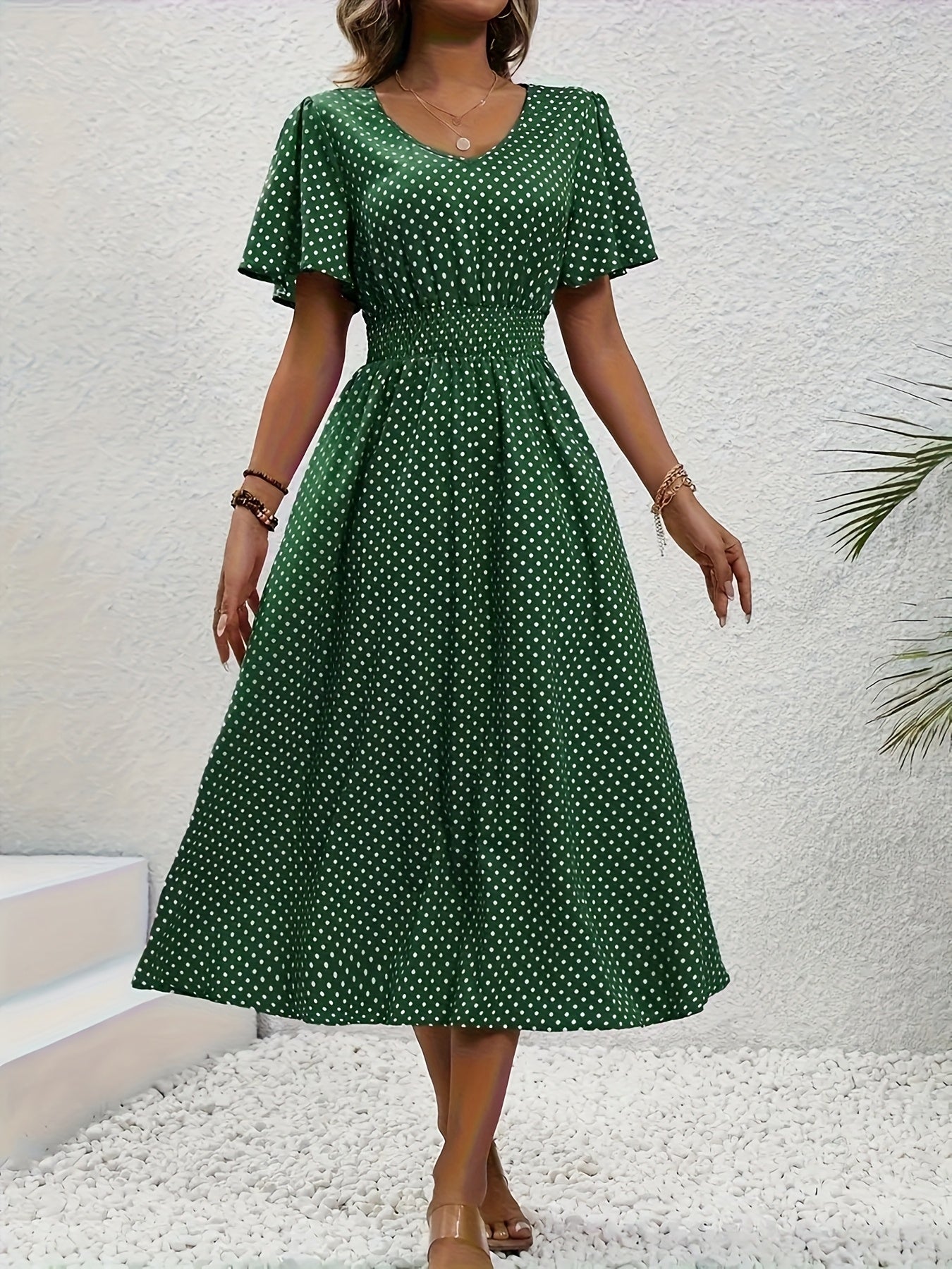 Women'S Long Dress in Pink with Polka Dots - Casual V-Neck, Ruffled Sleeves, Waist-Enhancing Style, Made of Lightweight, Ideal for Spring/Summer, Machine Washable