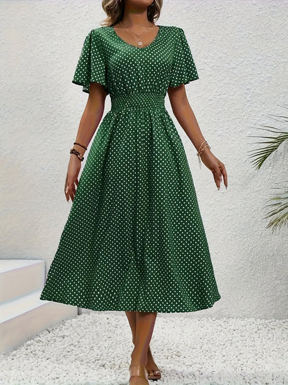 Women'S Long Dress in Pink with Polka Dots - Casual V-Neck, Ruffled Sleeves, Waist-Enhancing Style, Made of Lightweight, Ideal for Spring/Summer, Machine Washable