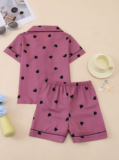 Random 1 Set!Girls' Lapel Pajama Set, Short-Sleeve Top And Elastic-Waist Shorts, Taro Purple Hearts, Light Pink Hearts, White with Teddy Bears And Bows, Pink with Black Hearts. Soft, Skin-Friendly Bubble Crepe for Cozy Home Wear