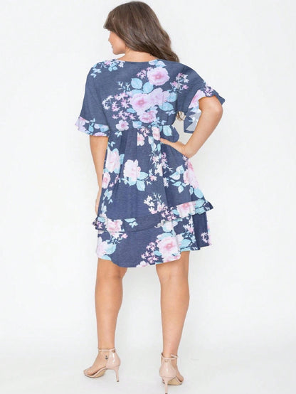 Vintage Boho Navy Pink Yellow White Charcoal Floral Ruffle flutter Trim Midi Dress S-3X