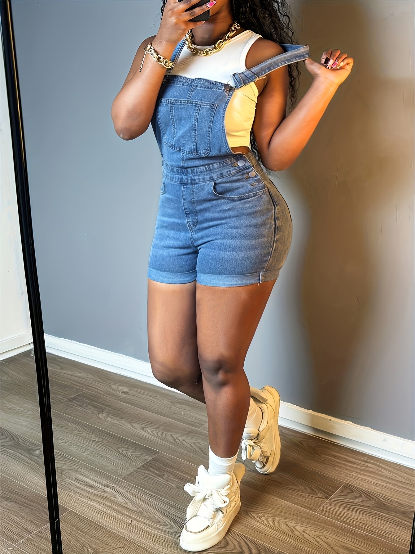 Women Solid Color Slim-fit Jeans Casual Button Trim Denim Romper Pockets Sleeveless Denim Romper