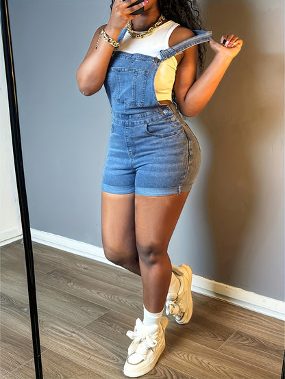 Women Solid Color Slim-fit Jeans Casual Button Trim Denim Romper Pockets Sleeveless Denim Romper