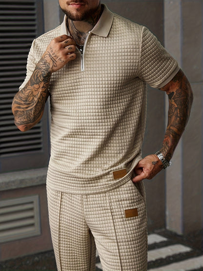 2pcs Men's Summer Commuter Casual Suit: Textured Fabric Half-zip Shirt Paired with Stitched Front Trousers, 2pcs Menswear, Vintage Style, Comfortable Fit.