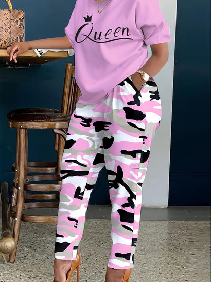 Plus Size - LADIES' Plus Size Daily Fashion Casual Set: Letter Print Crew Neck Short Sleeve T-shirt + Camouflage Long Pants With Pockets