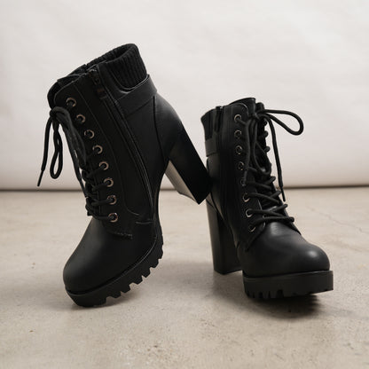 Women Short Boots Fall Winter Boots Women's Lace up Combat Ankle Boots High Chunky Heel Fashion Heeled Booties Shoes Black Boots