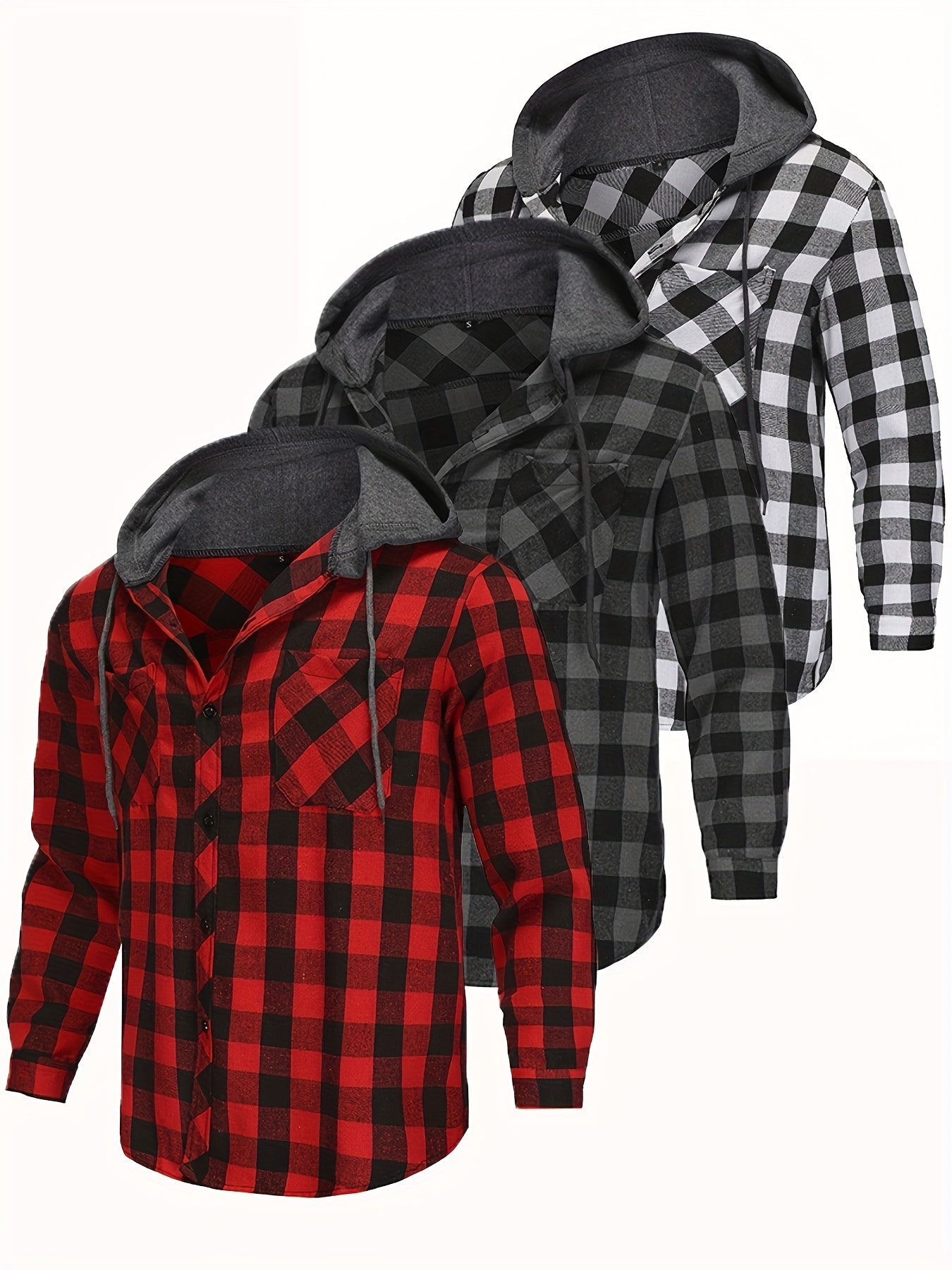 3pcs Set Men'S Hooded Plaid Long-Sleeve Shirt with Buttons, Suitable for Casual Home Wear in Spring And Autumn