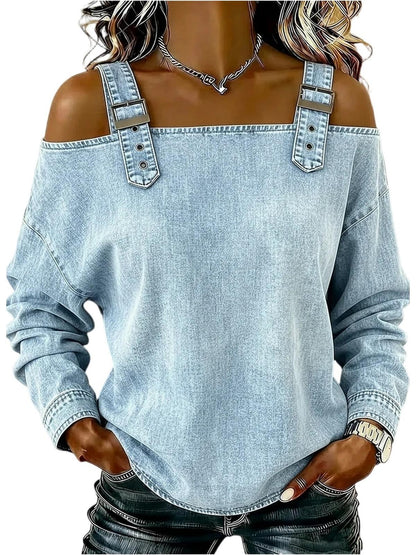 Women's Dress T-shirt with Elegant Style and Versatile Fit, Single-strap Collar, Shoulder Straps, Long-sleeved Top. Fashionable and Elegant for Women, Trendy.