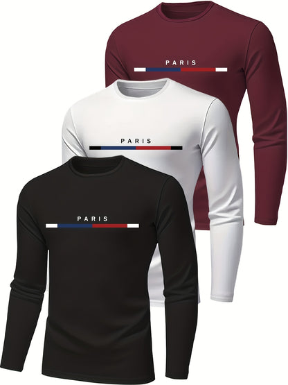 3-Pc Men'S Long Sleeve T-Shirts - Breathable Polyester - Paris Print Design, Regular Fit for Spring/Fall