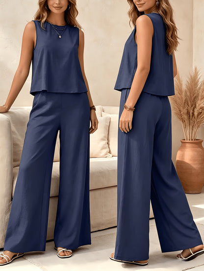 [Casual Pants Suit] Summer Casual Solid Color V-Neck Vest and Wide-Leg Pants Suit