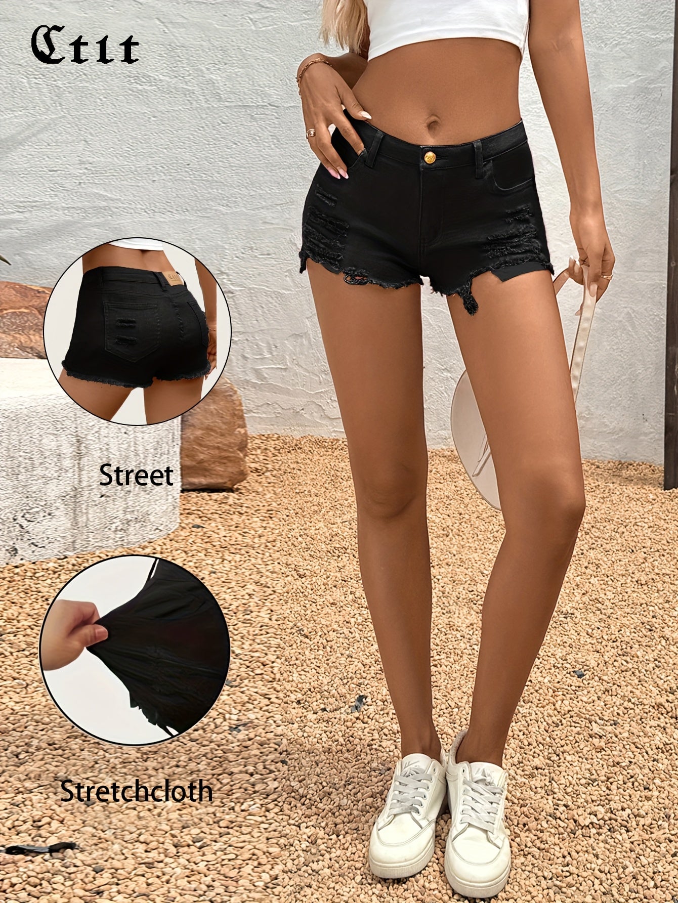 Regular Hole Stretch Denim, Casual Shorts, Y2K Cute Short Jeans