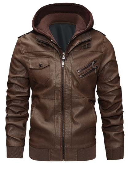 Men's PU Leather Jacket Motorcycle Jacket High Quality Windproof (Belt Included) PU Moto Vintage Bomber Hoodie with Removable Hood