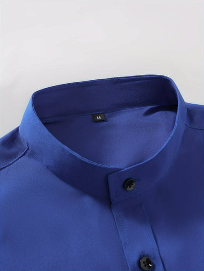 Men'S Henley Collar Long Sleeve Shirt | Casual, All-season, Solid Color, Regular Fit, Button Details, Woven Fabric