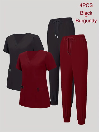 4pcs Set for Women's V-neck Matte Breathable Sports Uniform Pocket Hand Washing Work Clothes Brush Hand Clothes Tying Feet Pants Set